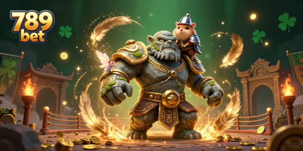 Join the magical adventure of 789 bet with a stone golem, fairy, and hamster knight in this vibrant casino scene.