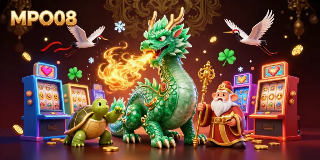 Experience the thrilling world of MPO08 with a jade dragon and lucky symbols in a vibrant slot scene.