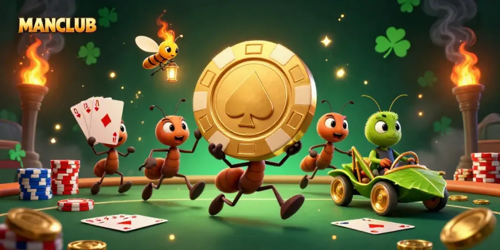Engage with MANCLUB's animated heist scene featuring ants and poker elements in a casino environment.