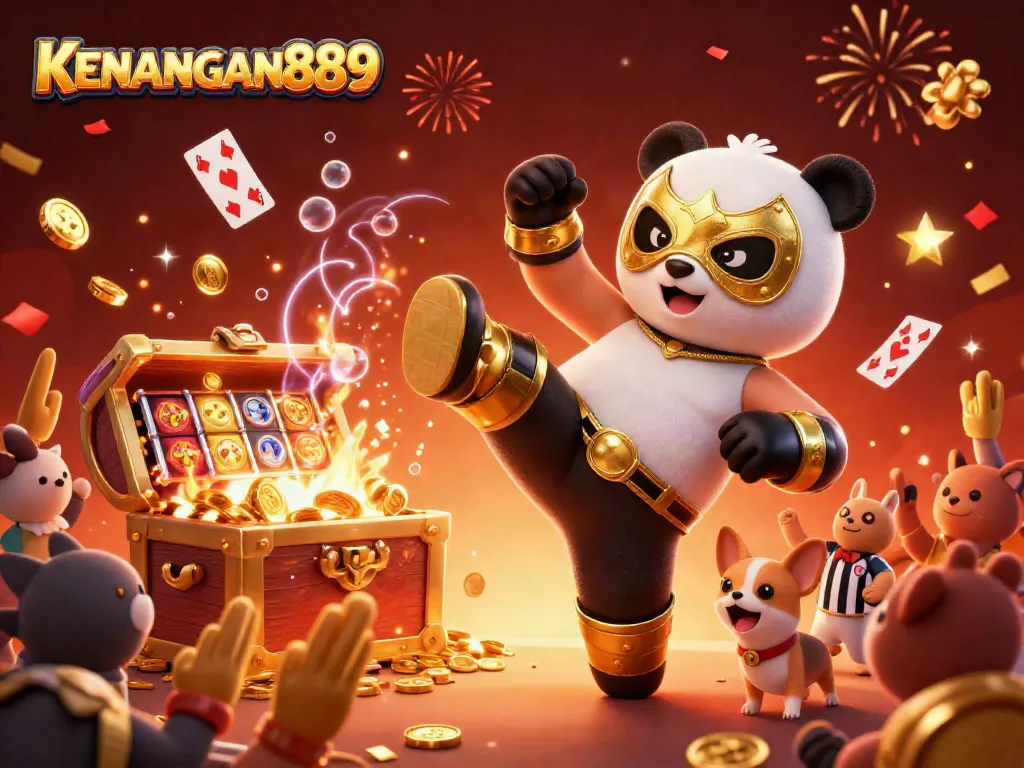 Experience thrilling gameplay at KENANGAN889 with a dynamic scene of animal characters celebrating big wins.