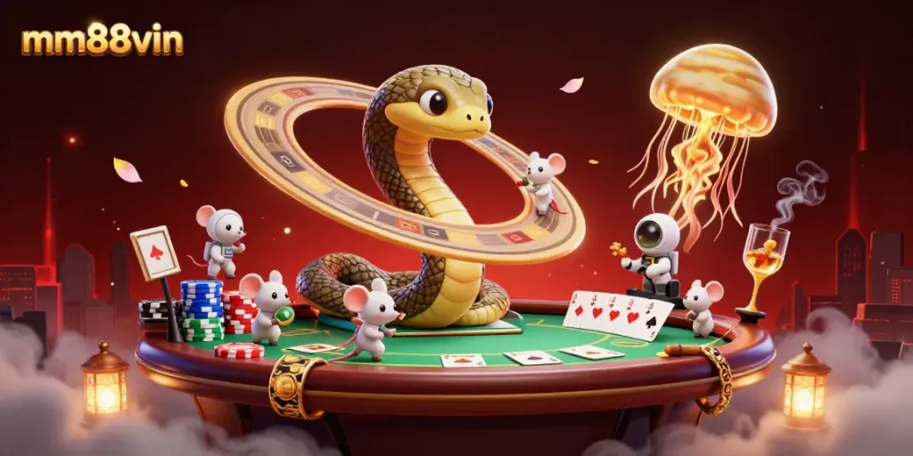 Engage in a vibrant scene capturing mm88vin with cosmic dealer dynamics and interactive gambling elements.