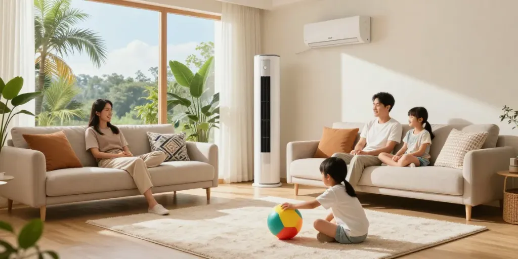 Family enjoying the comfort of a mini split of air conditioner in a bright modern living room.