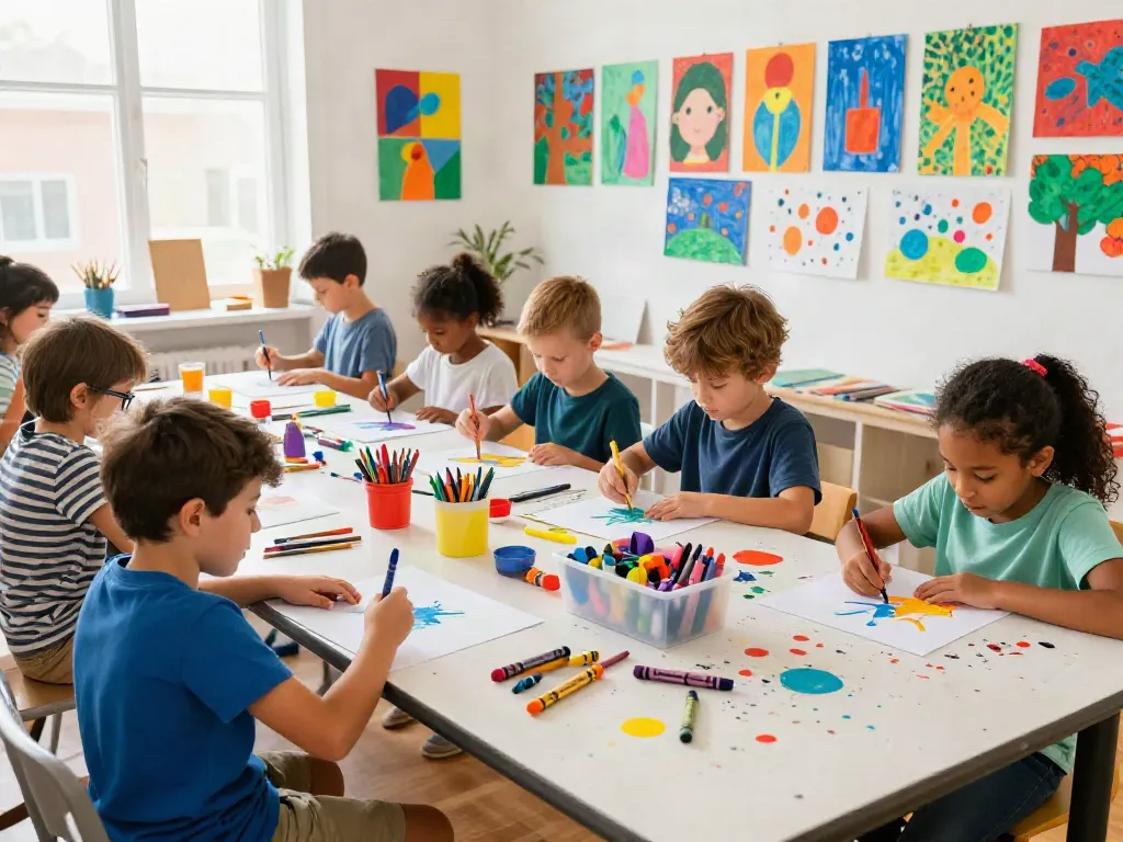 Creative scene of children exploring their artistic skills with a crayon manufacturer’s products in a colorful art studio.