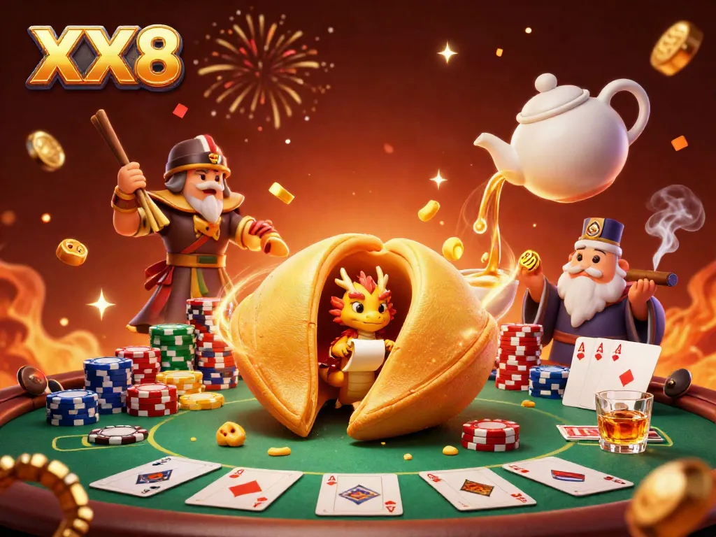 Experience the thrill of gambling with the dynamic XX8 scene featuring poker chips and cartoon fortune elements.