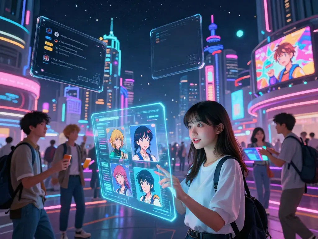 Engaging scene of hentai AI chat with animated characters and digital interaction, displaying vibrant neon cityscape.