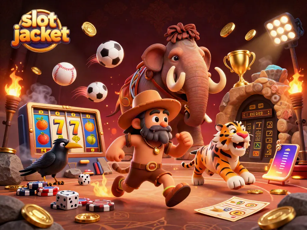 Experience the excitement of slot jackpot gaming with a dynamic scene of prehistoric characters in a casino.