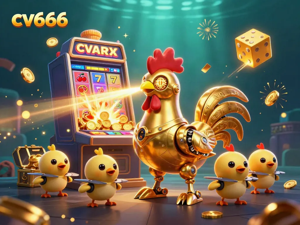 Engage with cv666's golden rooster robot shooting lasers amid a casino-themed explosion of rewards.