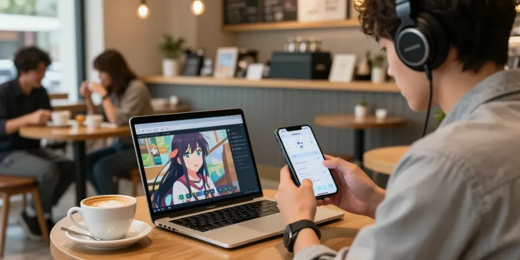 Utilisation de l'application Senpai Stream iOS pour le streaming d'anime dans un café moderne.