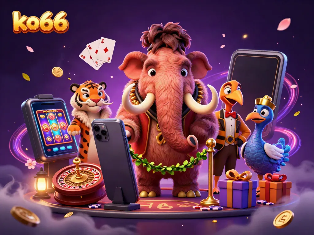 Experience lively casino action at ko66 featuring playful cartoon characters in a vibrant scene.