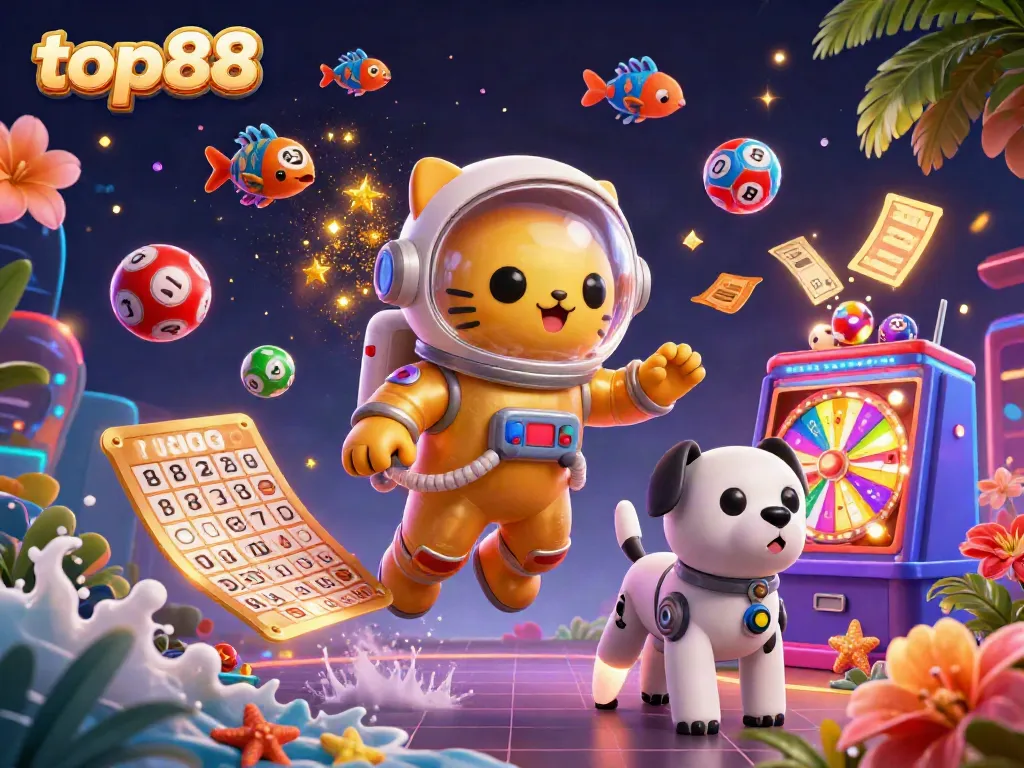 Engage with top88's vibrant gaming atmosphere featuring a golden astronaut cat, robot dog, and dynamic lottery elements.