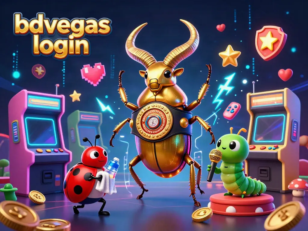 Join the excitement of bdvegas login with vibrant 3D gaming elements featuring a giant beetle boxing champion.