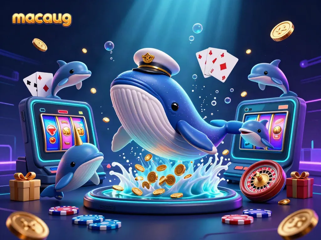 Engage with the vibrant MacauGG casino scene featuring a whale, narwhal, and dolphins amidst dazzling gaming elements.