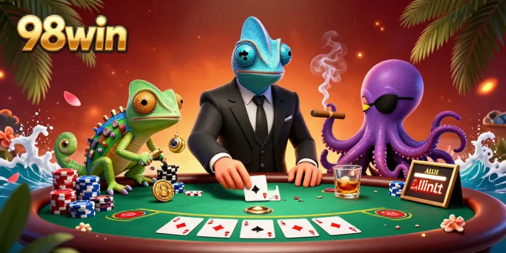 Engage with 98win's vibrant poker scene featuring colorful chips and characters in action.
