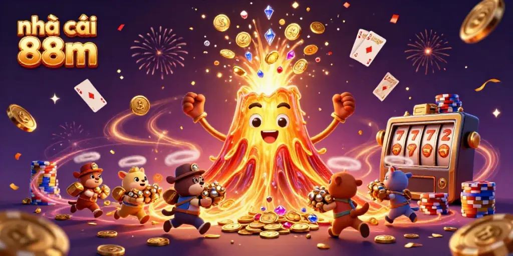 Engage with the excitement of nhà cái 88m, featuring a triumphant volcano and explorer animals amidst treasure.