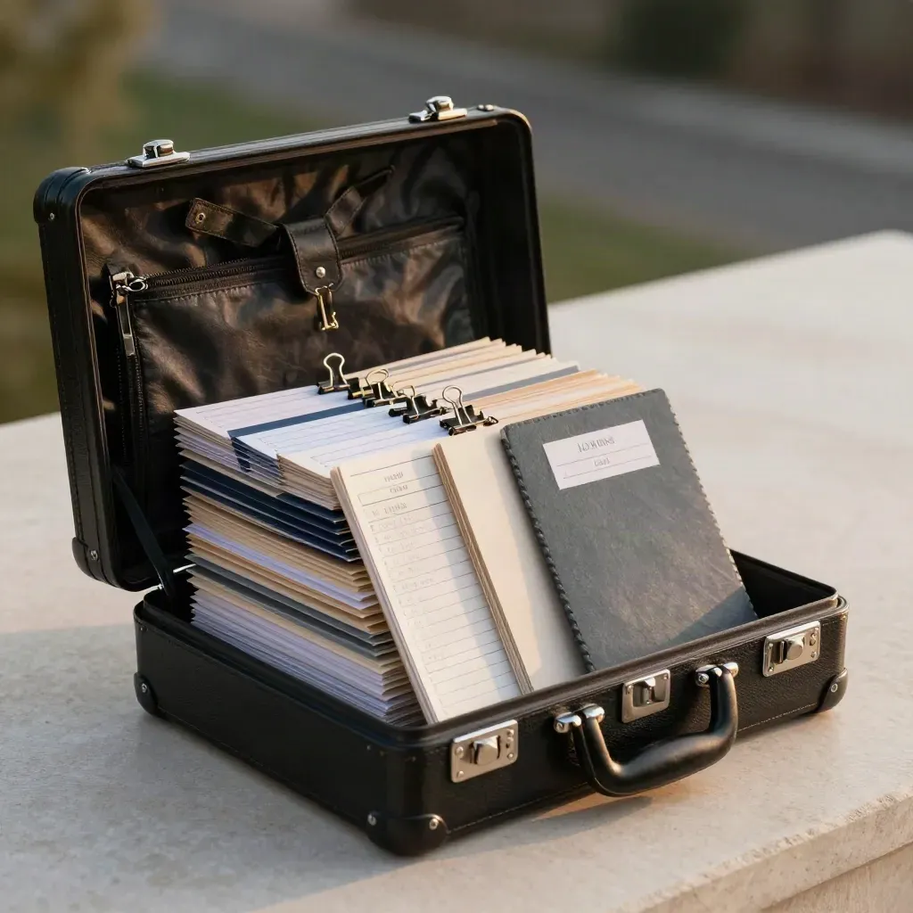 Open black trial briefcase with binders, jury cards, and legal pad on stone in moody studio light.