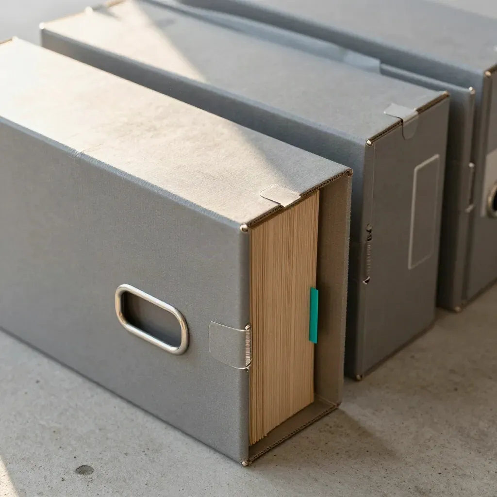 Top-down close crop of archive cartons on concrete, with a teal accent and metal handles.