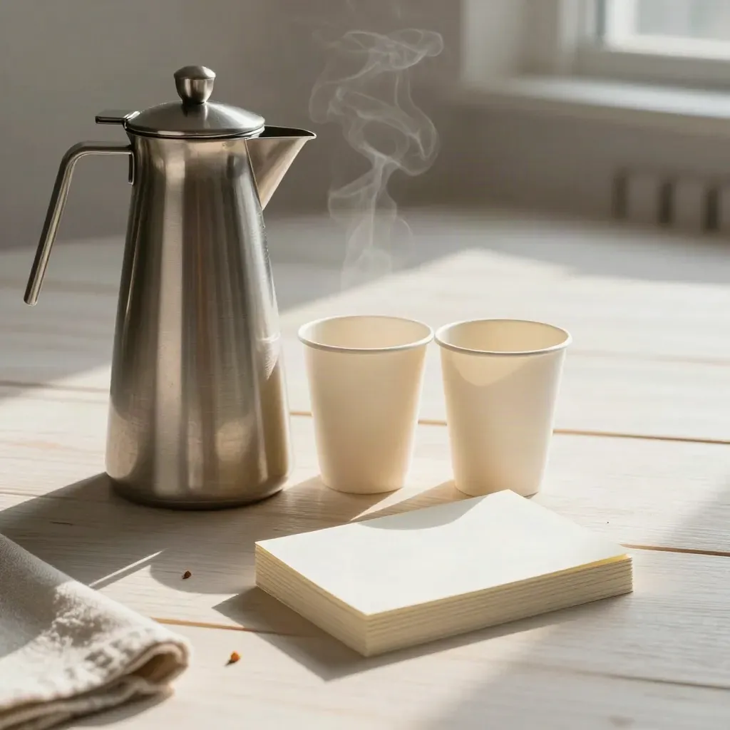 Coffee carafe, two paper cups, and blank notecards on pale wood with fading steam.