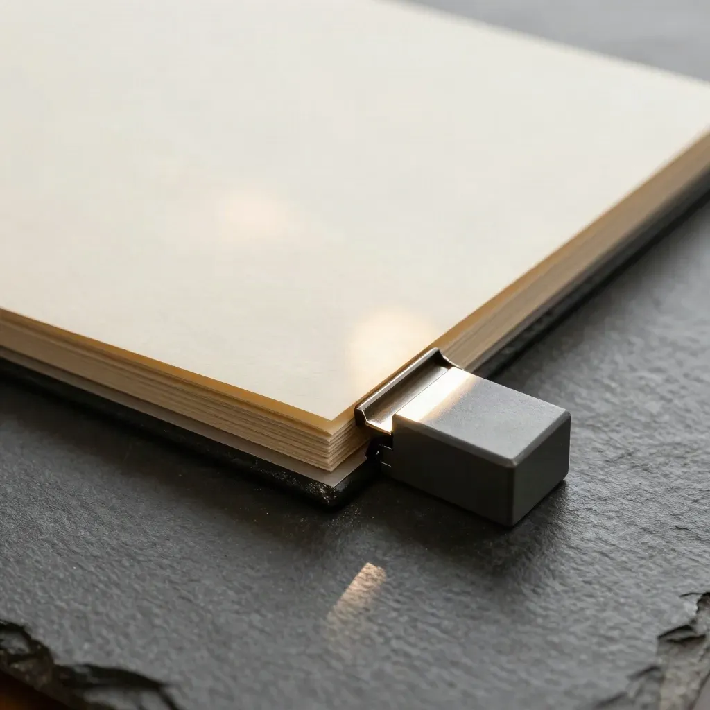Macro still life of a clamp, folder, and paperweight on brushed stone.
