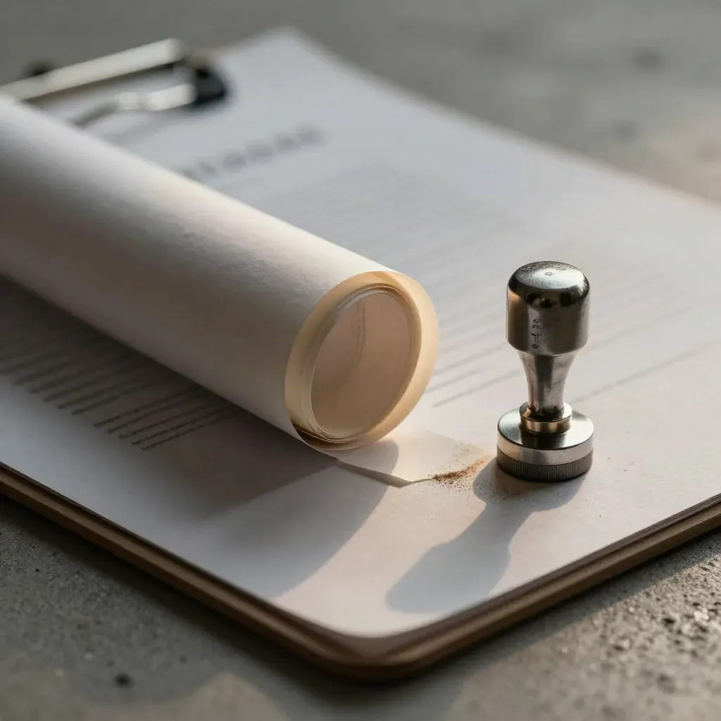 Patent drafting tools on concrete: tube, clipboard, and seal stamp in dramatic light.
