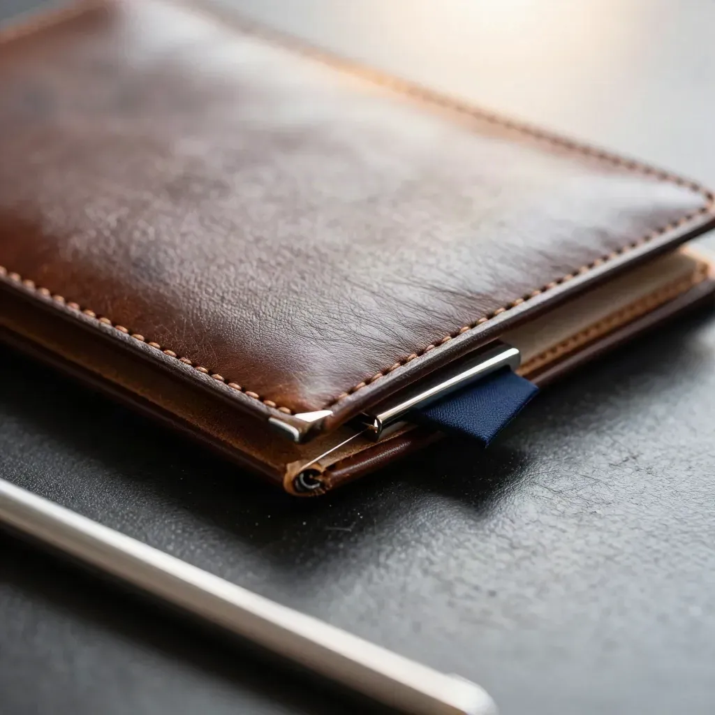 Macro of a leather hearing folder, chrome clip, and folded navy exhibit flag on blackened metal.