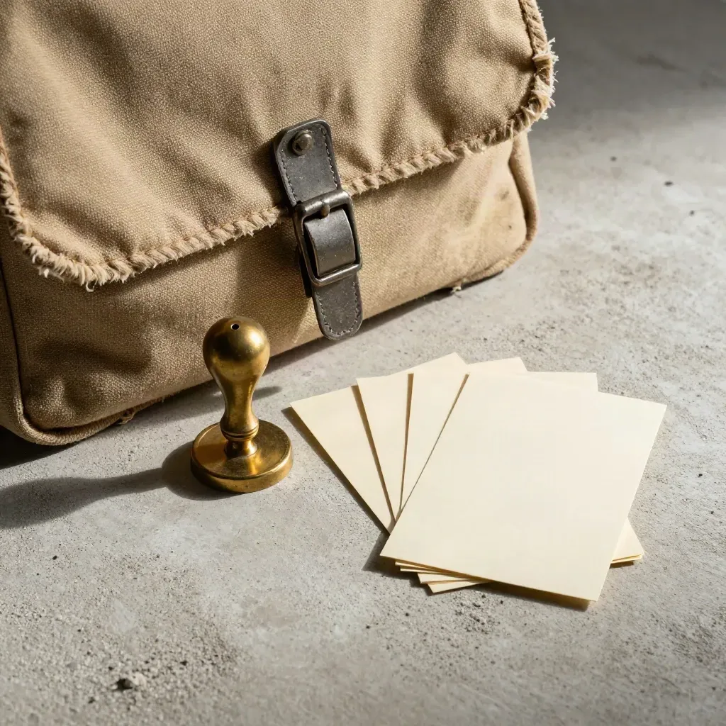Weathered canvas satchel, brass stamp and blank file cards on pale concrete