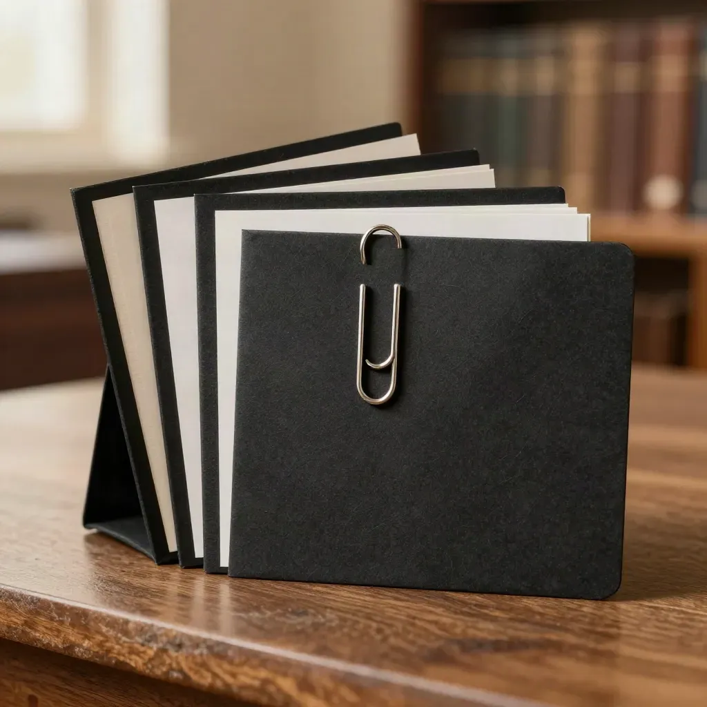 Matte-black juror card file with five tabs and a steel paper clip on a warm stone surface