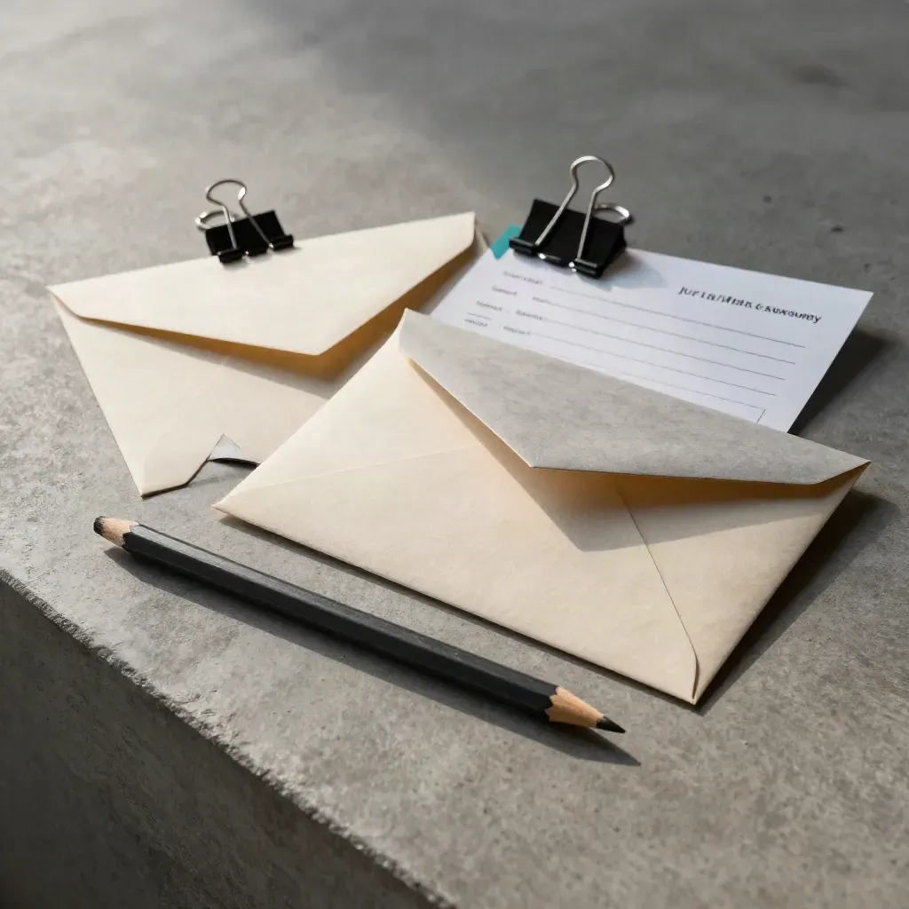 Two response envelopes, a pencil stub, and a clipped survey card on concrete