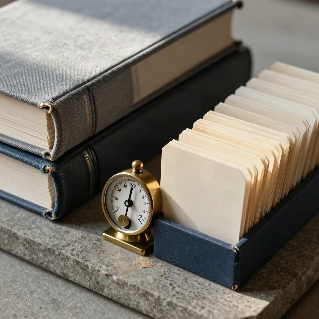 Brass tally counter, stacked case volumes, and archive tabs on stone with dust