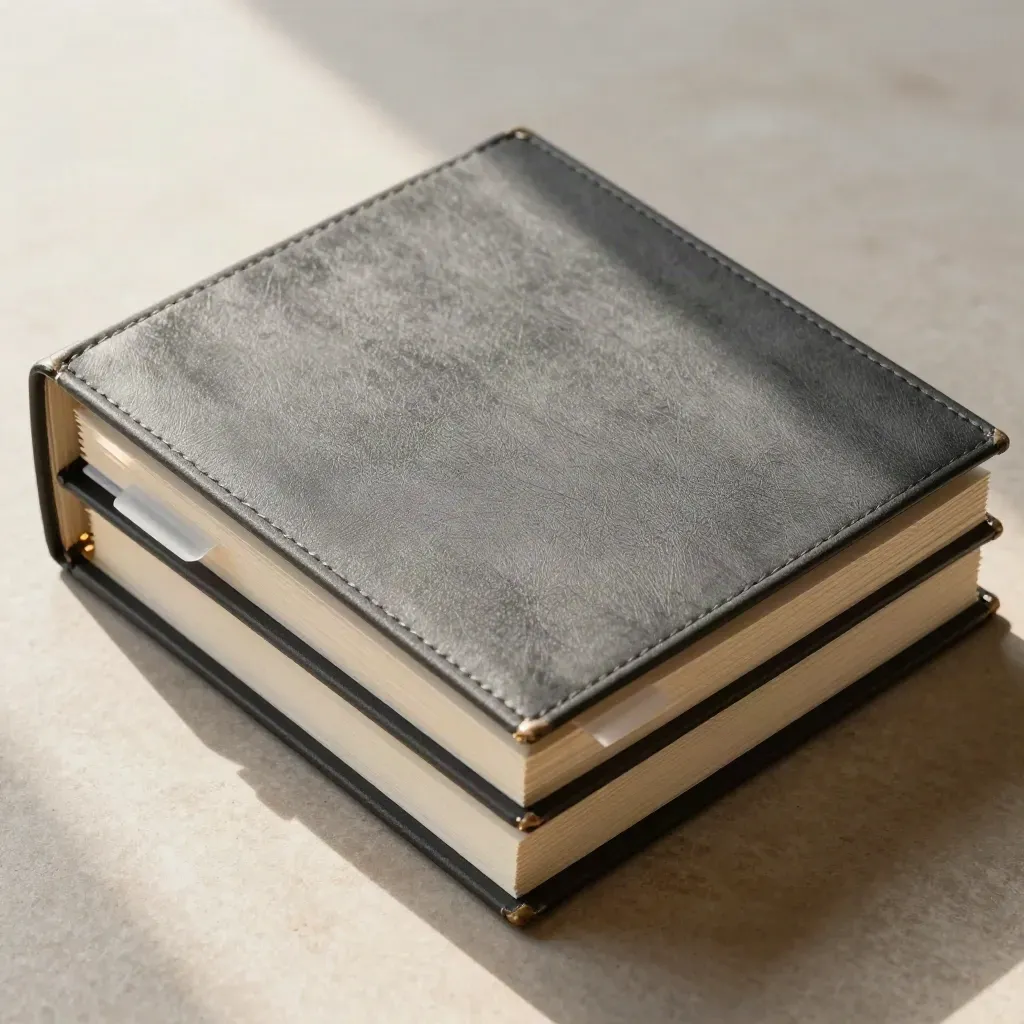 Macro of a courtroom binder, legal pad, and page markers on stone with ivory edges.