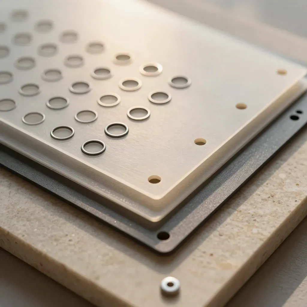 Macro of layered acetate sheets and punched panel cards arranged in a tidy grid on stone.