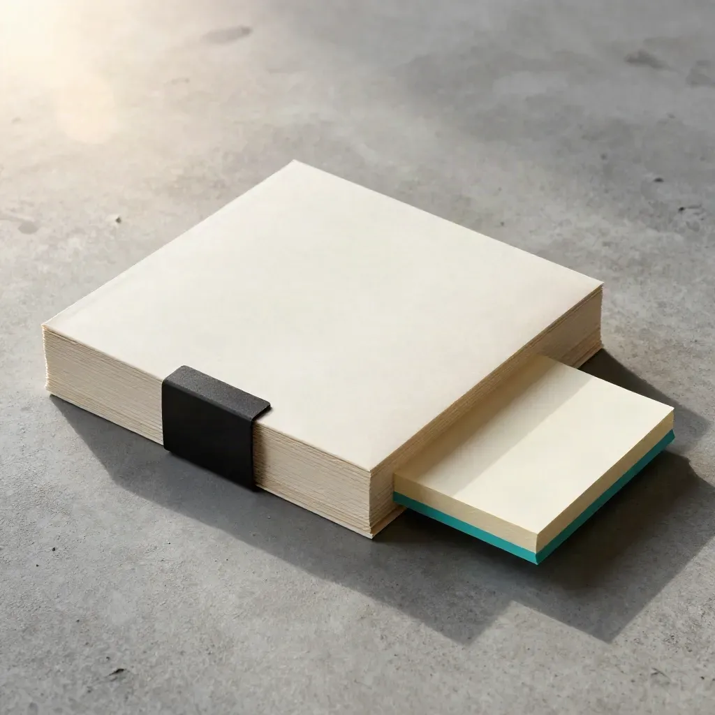 Case-prep packet tied with black band, cover sheet, and note cards on concrete with teal accent.
