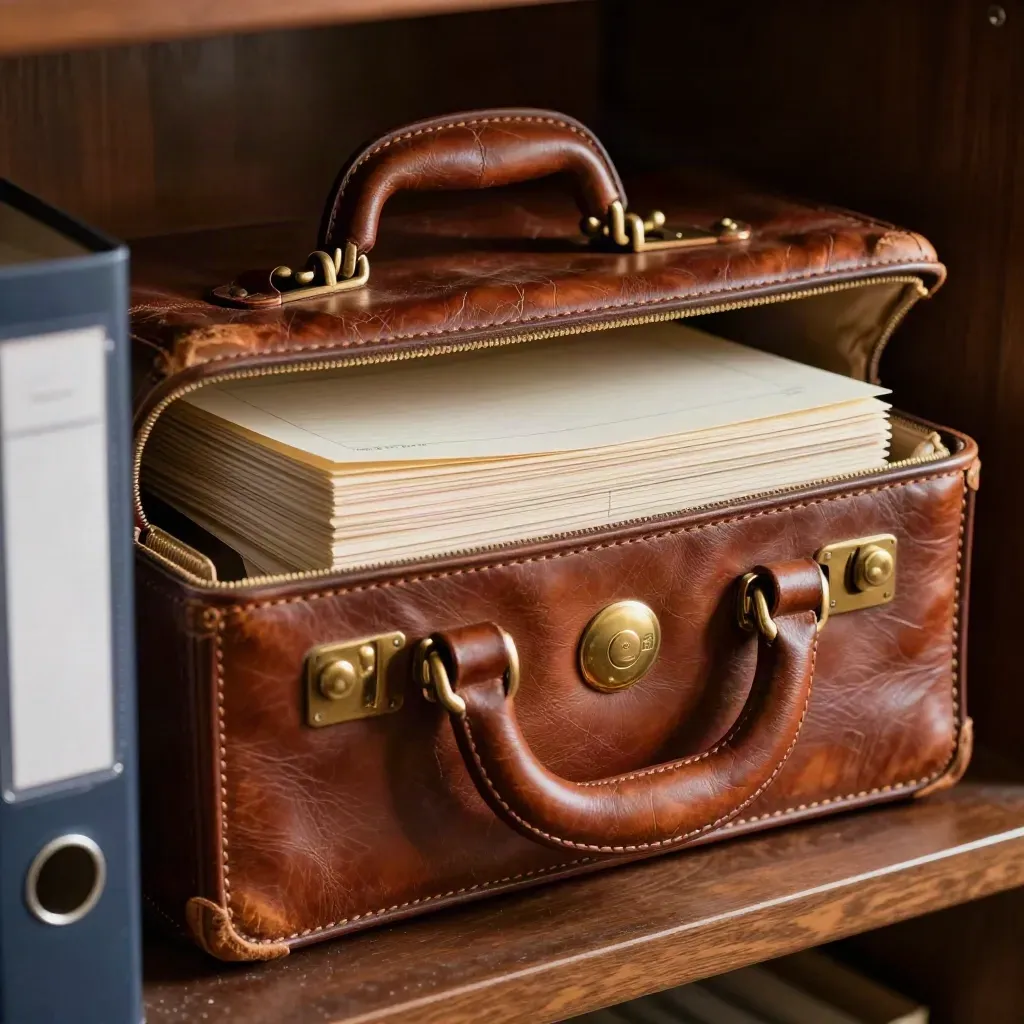 Worn leather trial briefcase with brass seal and blank legal tabs, shot through a blurred folder edge.
