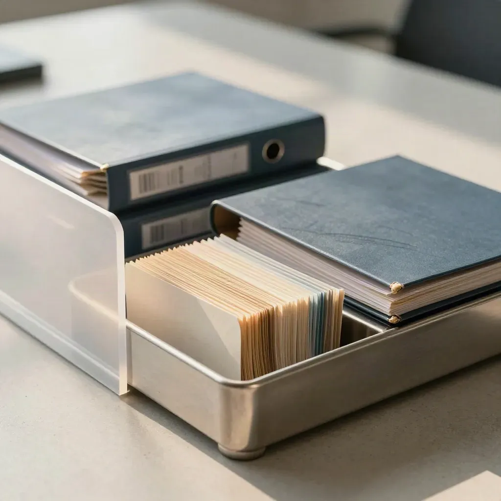 Steel mail tray with binders and file cards on a concrete table, seen through a blurred divider.