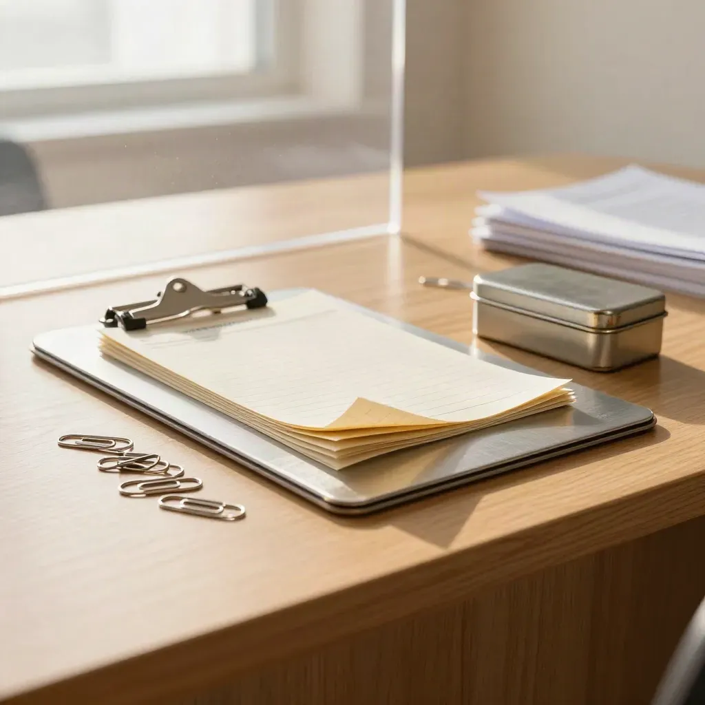 Jury consultant kit with clipboard, scoring cards, paper clips and archival tin on oak.