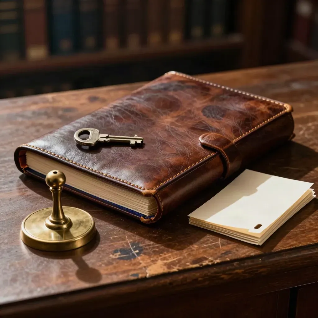 Worn leather trial folio, brass seal and exhibit tabs on a walnut bench with dramatic shadow.