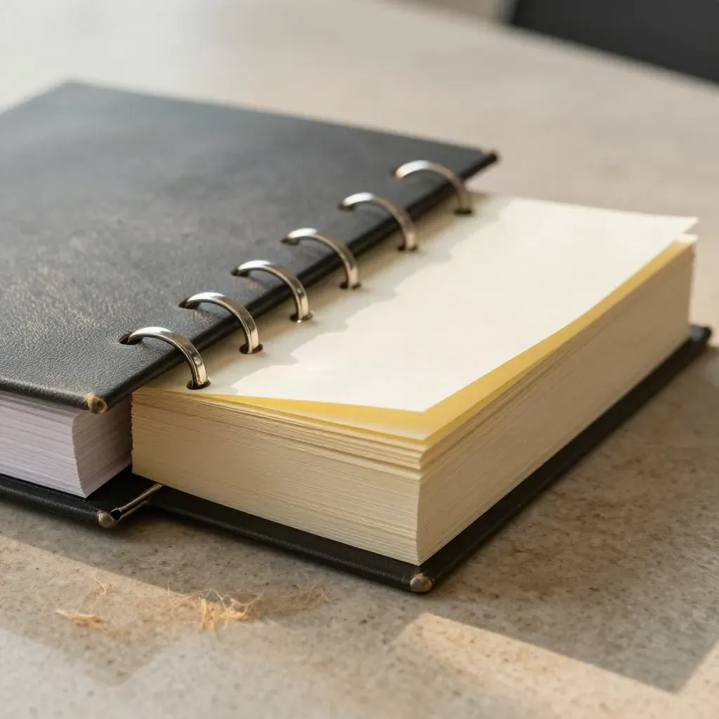 Binder spine and steel file clips with clipped memo bundle on stone slab
