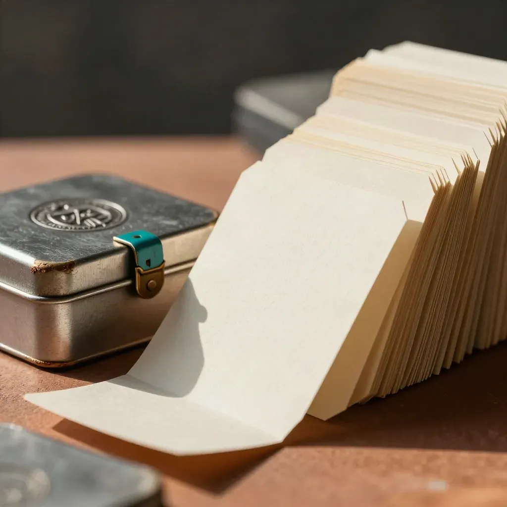 Close-up of blank index cards, a shut marker tin, and an archival box on terracotta stone.