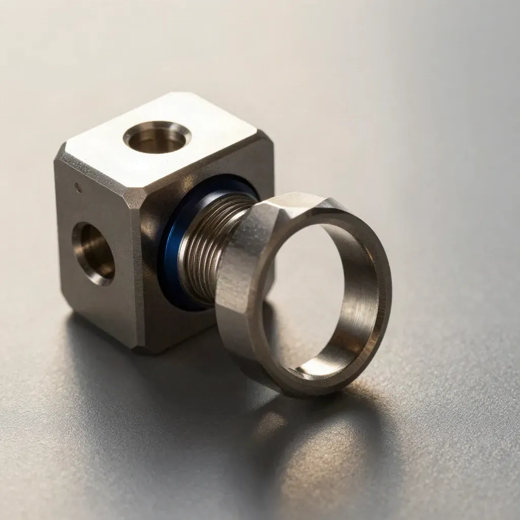 Linked machined rings and connector block on graphite metal under dramatic studio light.
