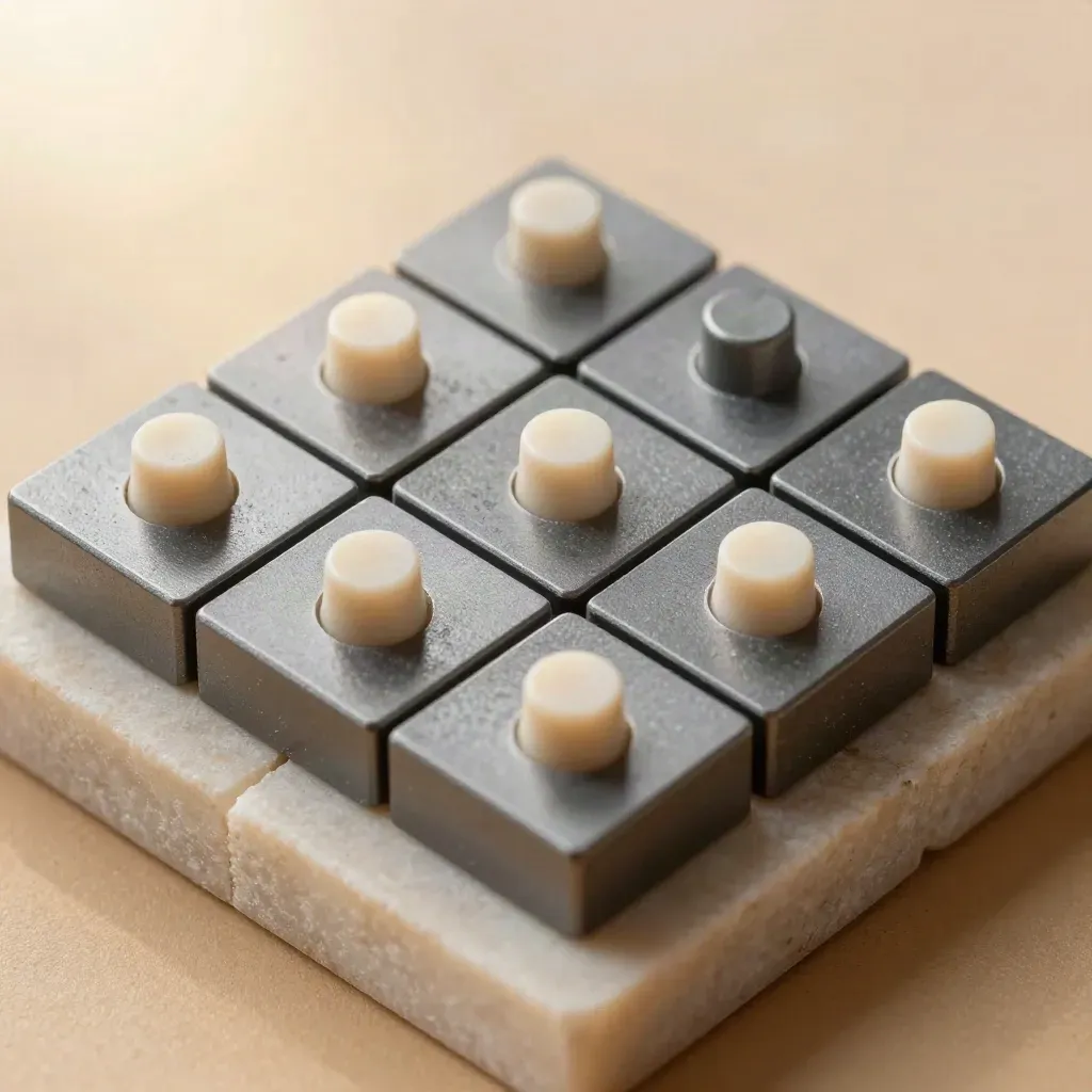 Macro of modular stone blocks with dovetail seams and alignment pins on pale limestone