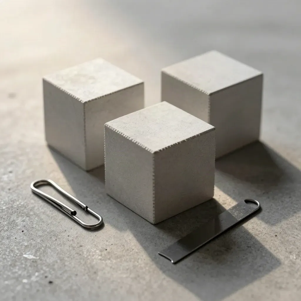 Graphite cubes, steel clip, and connector plate on brushed concrete in soft skimming light.