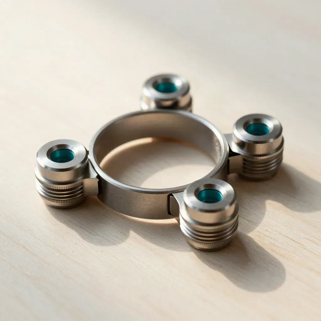 Metal coupler ring, split connector, and three nodes on pale wood with soft daylight.