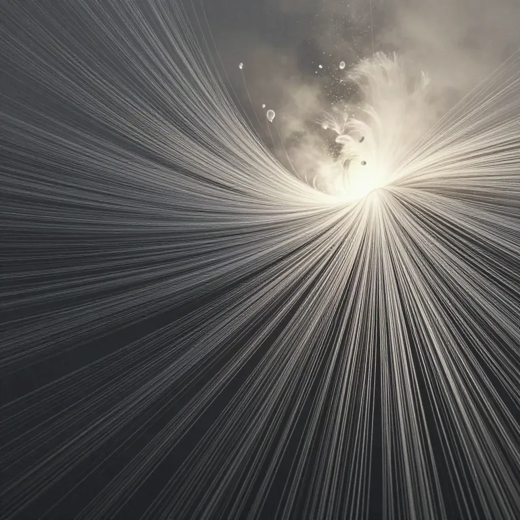 Silver light filaments converge into a soft white bloom in dark haze.