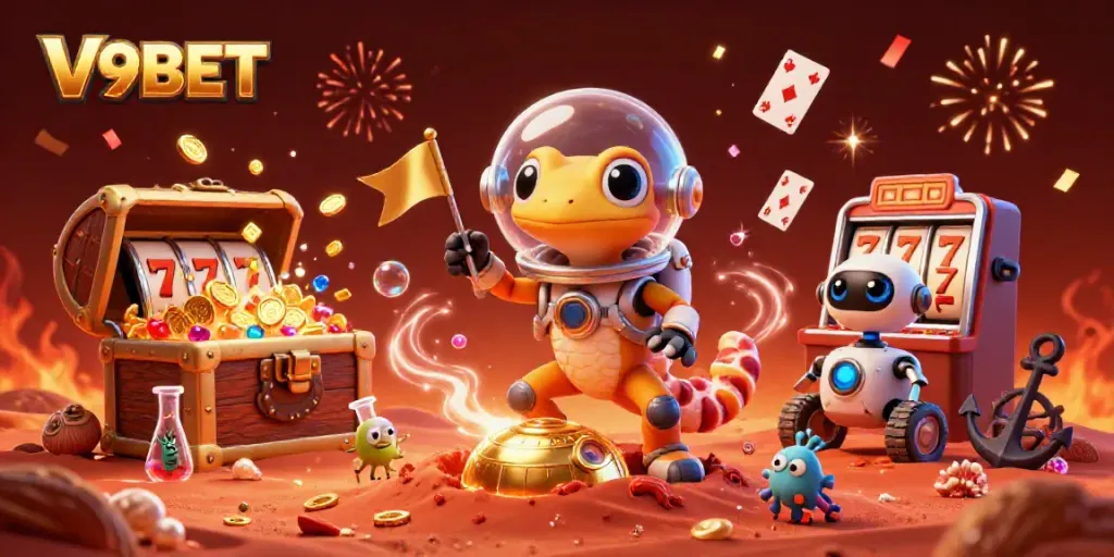 Join the Martian gecko exploring the casino world in V9BET with exciting slot machines and treasure.