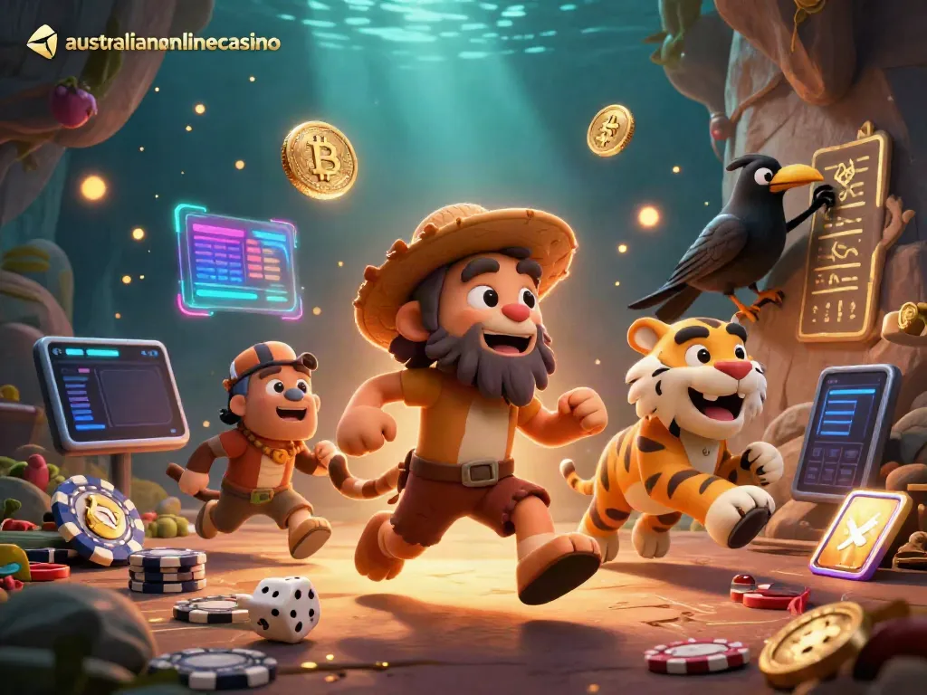 Engaging scene of australianonlinecasino with caveman and sabertooth tiger playing casino games, showcasing Bitcoin and Ethereum elements.
