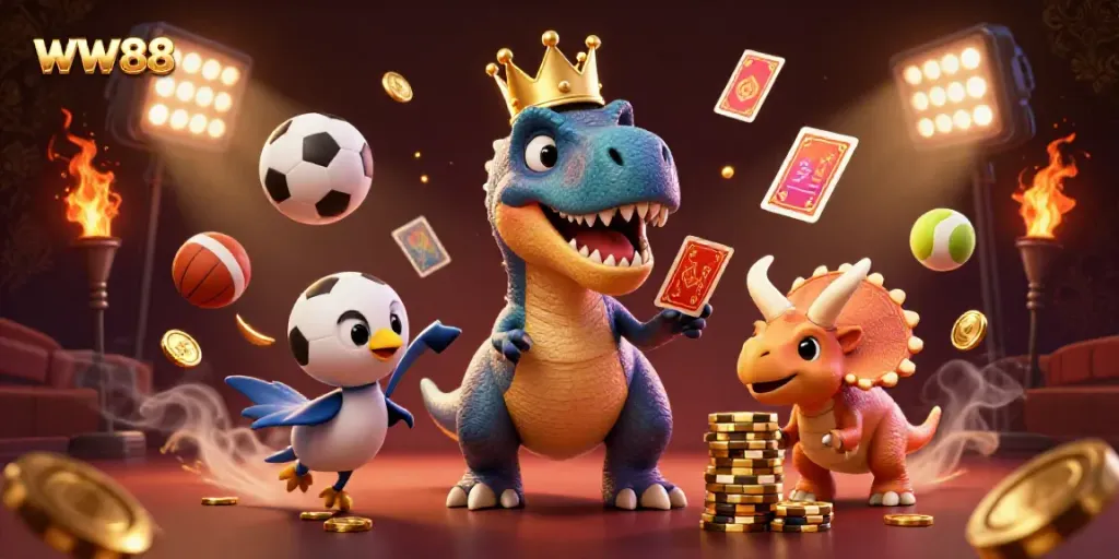WW88 engaging characters in a fun 3D casino scene with sports elements and vibrant atmosphere.