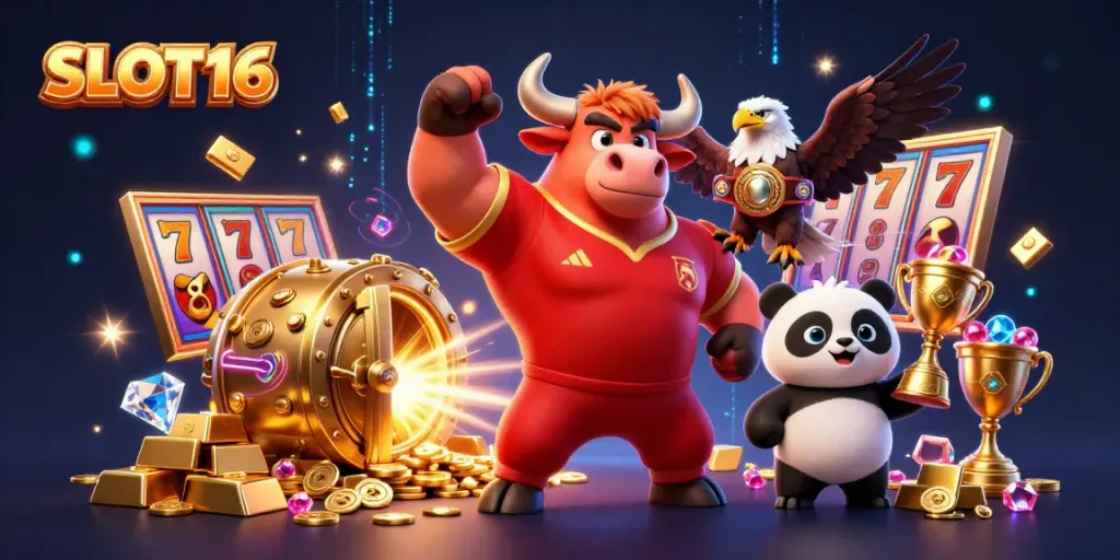 SLOT16 showcases a victorious bull mascot, energized eagle, and joyful panda amidst riches in a lively casino scene.