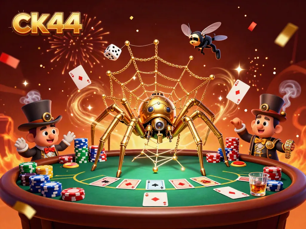 Experience the excitement of ck44 with a steampunk spider catching dice in a vibrant casino scene.