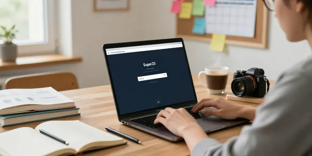 Engaged user accessing Super33 login on laptop in a cozy study.