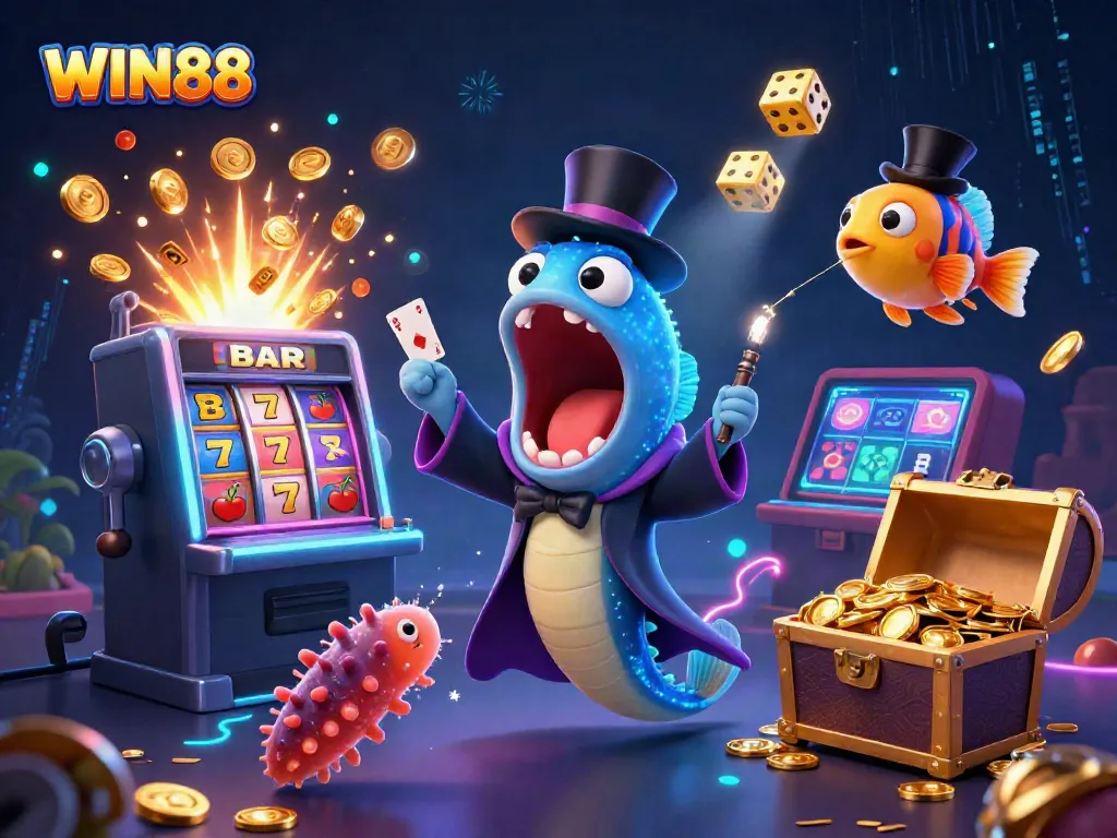 Experience the excitement of WIN88 with vibrant characters and casino elements in this animated 3D illustration.