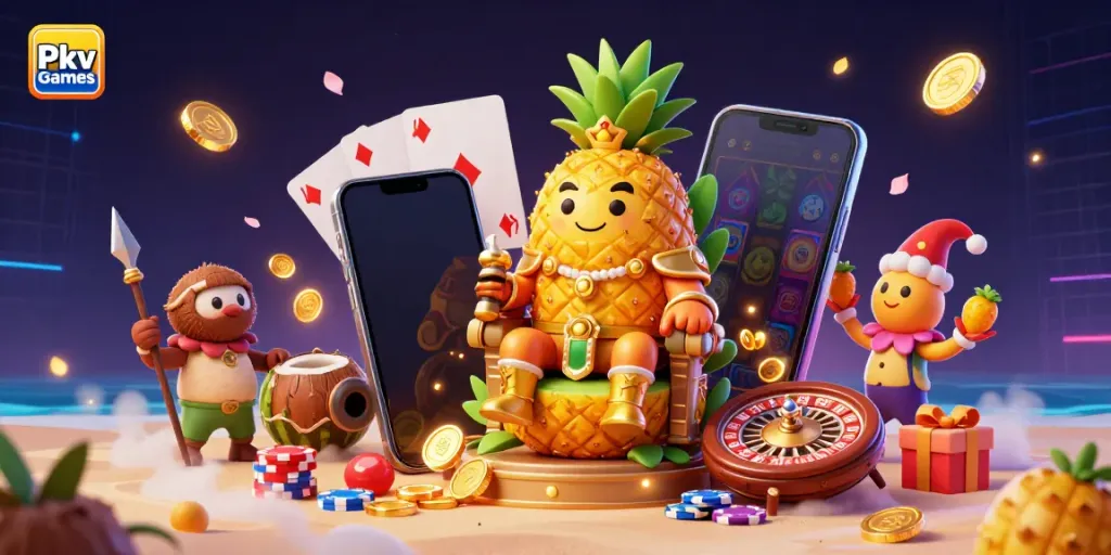 Join the vibrant world of Pkv Games with a golden pineapple king ruling a lively casino beach scene.